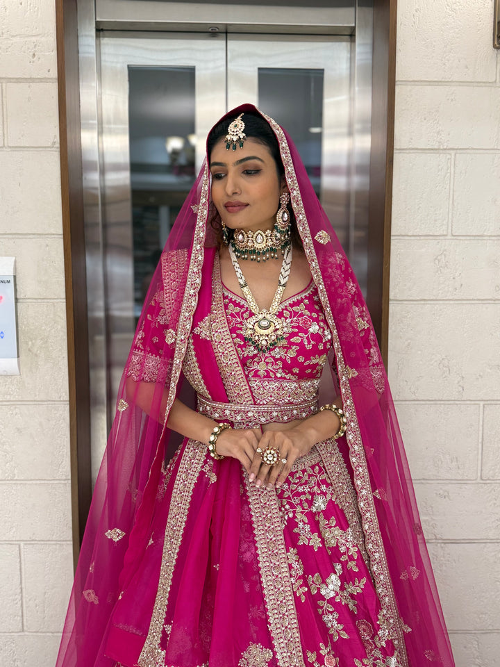 Hot Pink Heavy Hand-Embroidered Bridal Lehenga with Double Dupatta