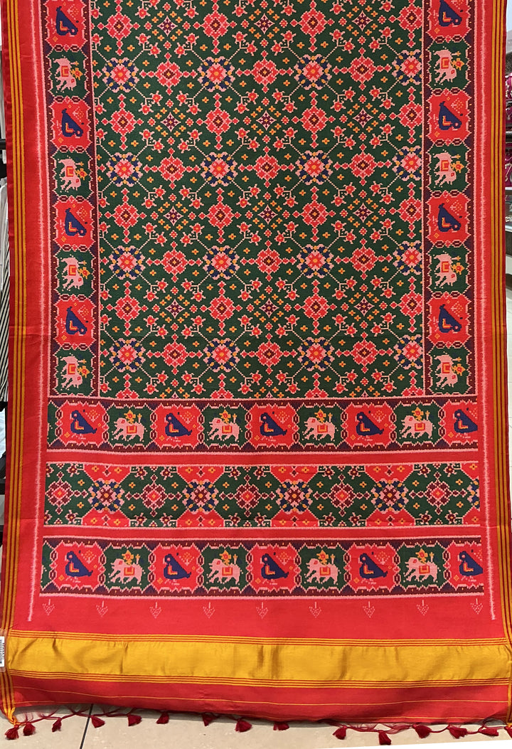 Patan Patola Inspired Bottle Green Saree with Kunjar (Elephant) Motifs & Royal Borders P157