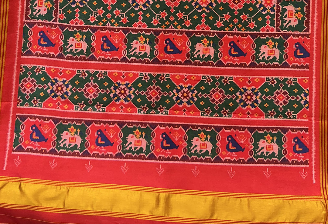 Patan Patola Inspired Bottle Green Saree with Kunjar (Elephant) Motifs & Royal Borders P157