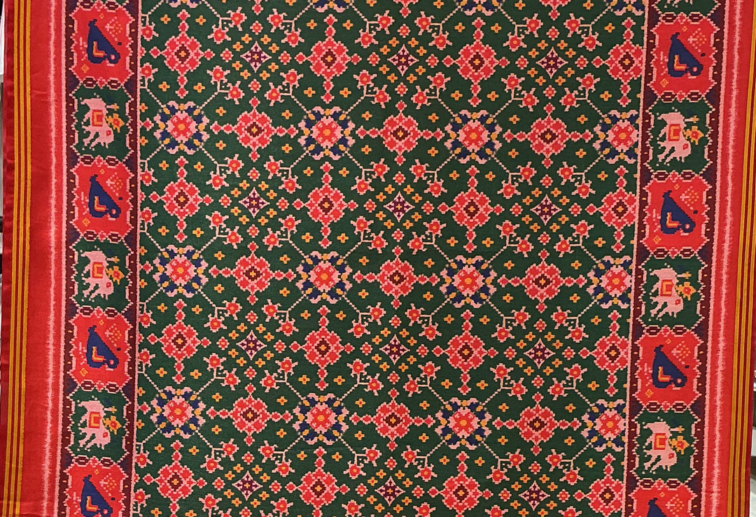 Patan Patola Inspired Bottle Green Saree with Kunjar (Elephant) Motifs & Royal Borders P157