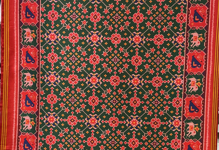 Patan Patola Inspired Bottle Green Saree with Kunjar (Elephant) Motifs & Royal Borders P157