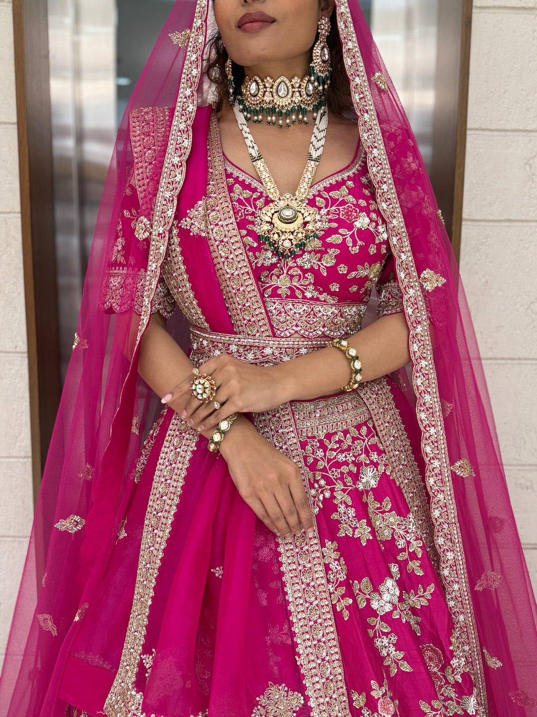 Hot Pink Heavy Hand-Embroidered Bridal Lehenga with Double Dupatta