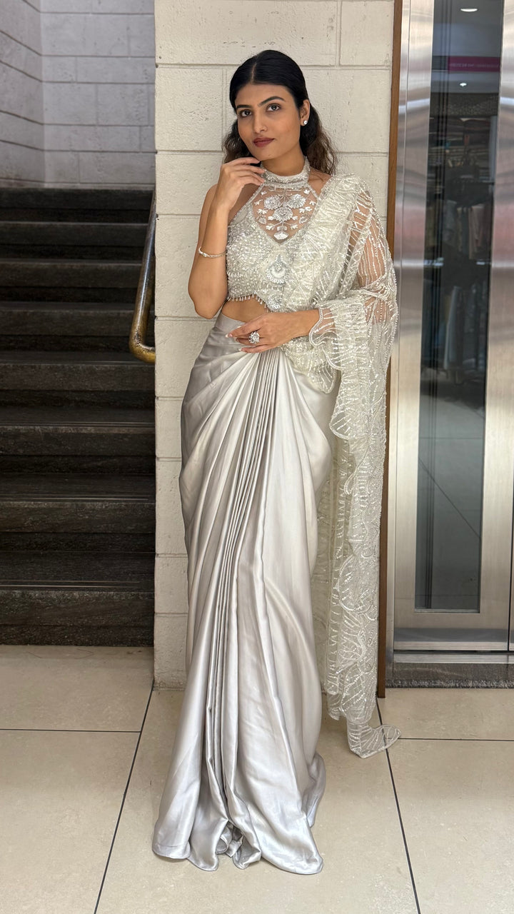 Pearl Silver Designer Ready-to-Wear Saree with Embroidered Halter Blouse