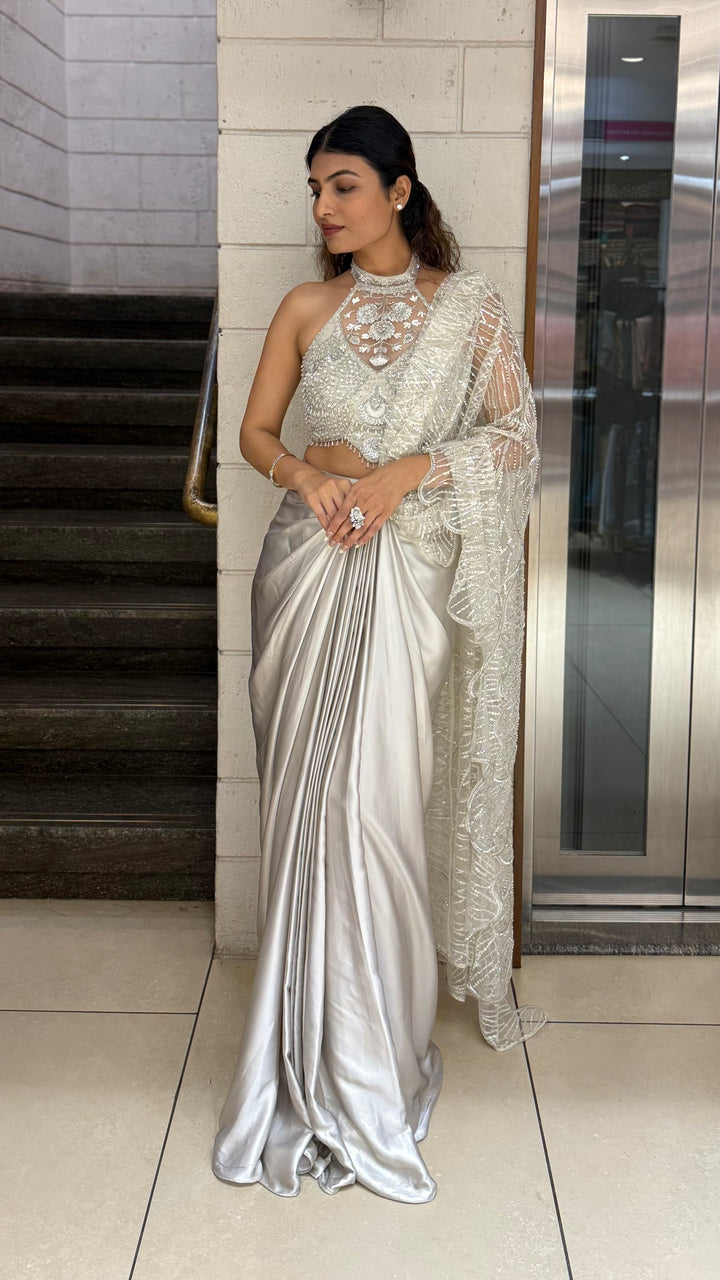 Pearl Silver Designer Ready-to-Wear Saree with Embroidered Halter Blouse