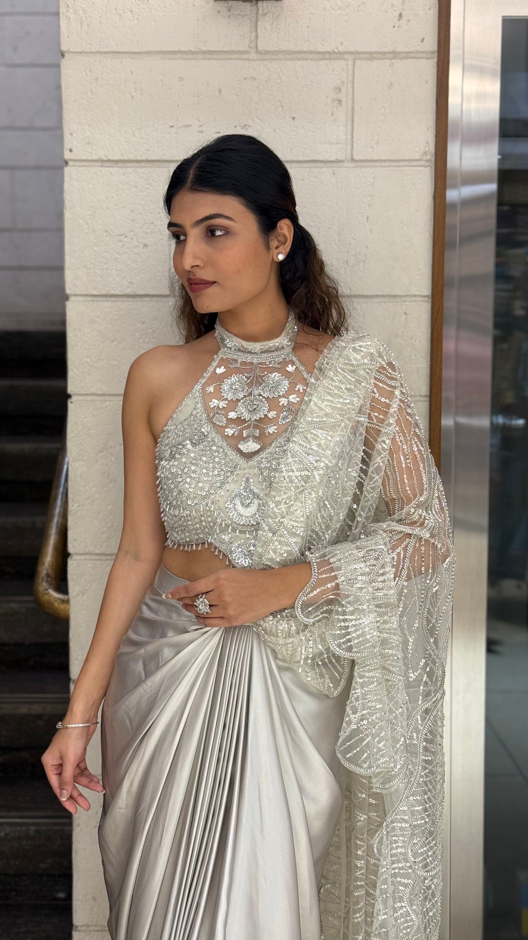 Pearl Silver Designer Ready-to-Wear Saree with Embroidered Halter Blouse