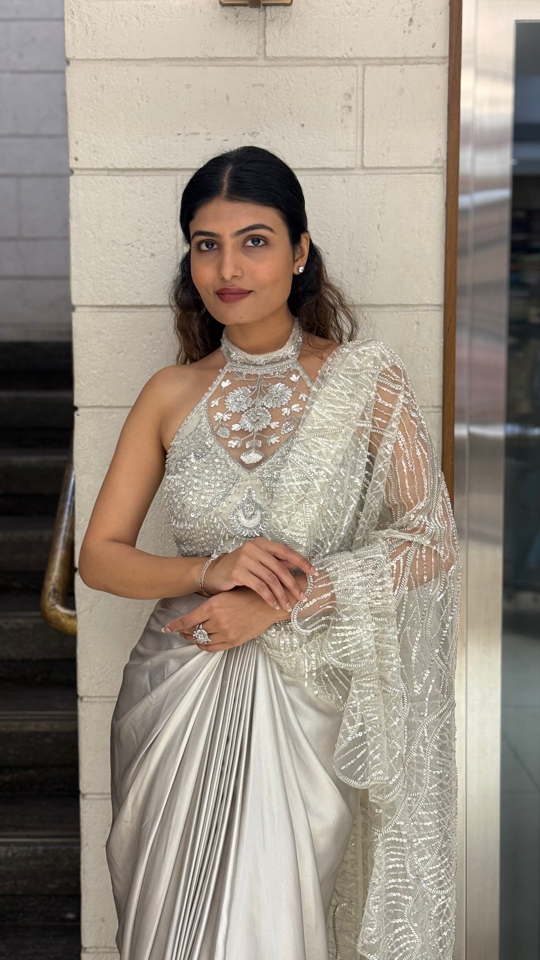 Pearl Silver Designer Ready-to-Wear Saree with Embroidered Halter Blouse