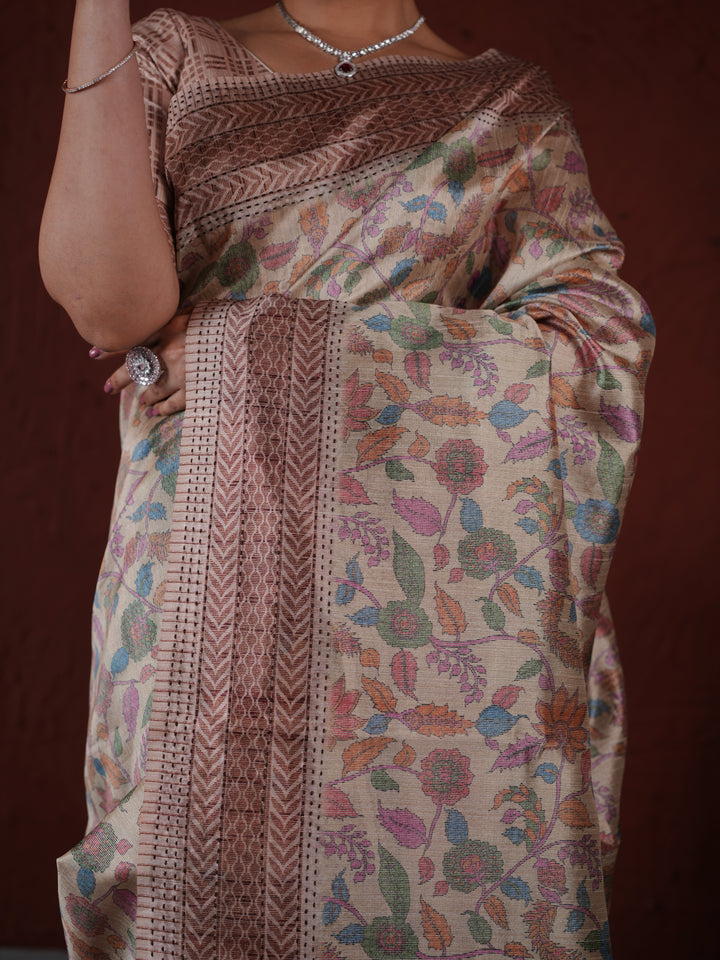 Beige and Brown PV Cotton Khadi Saree with Floral Prints and Unstitched Blouse