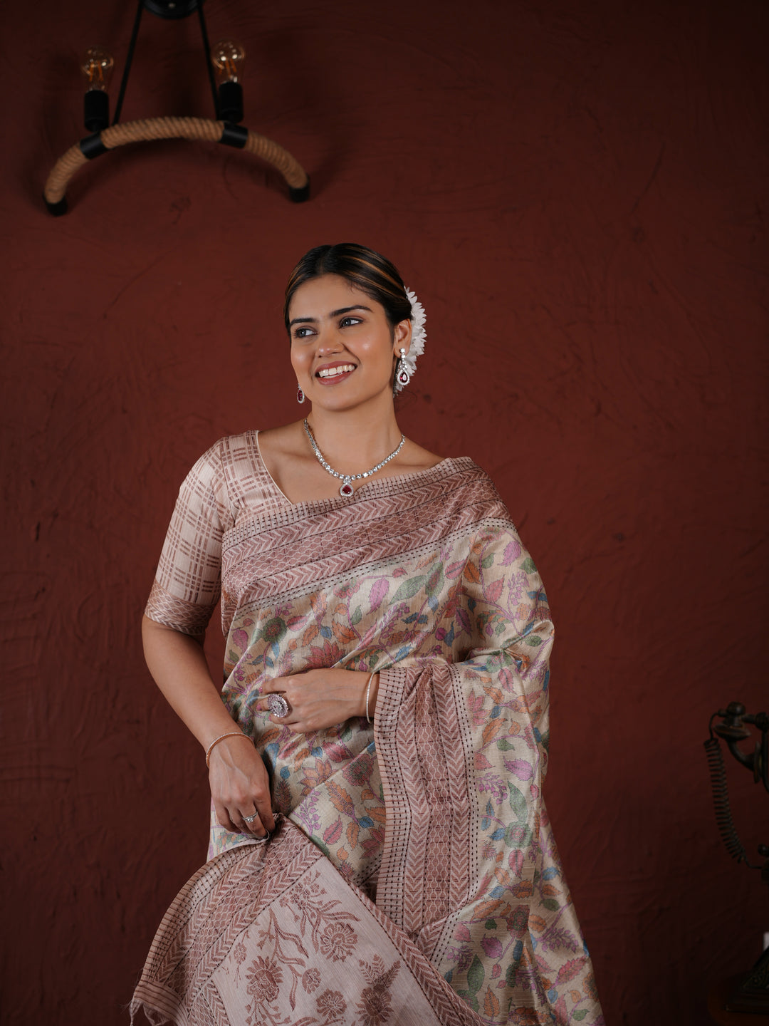 Beige and Brown PV Cotton Khadi Saree with Floral Prints and Unstitched Blouse
