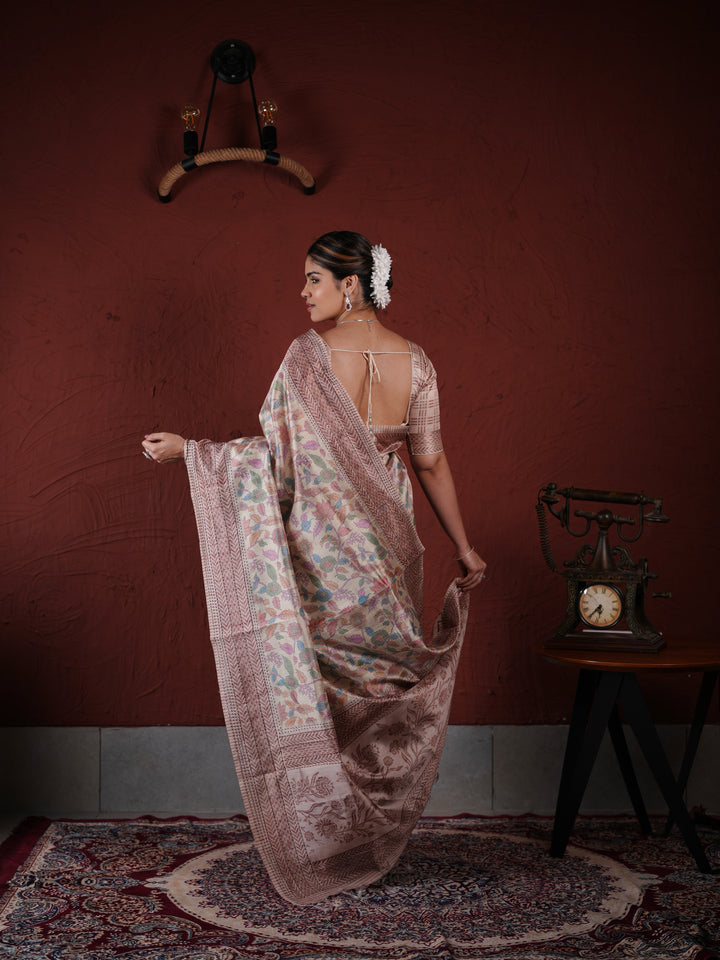 Beige and Brown PV Cotton Khadi Saree with Floral Prints and Unstitched Blouse