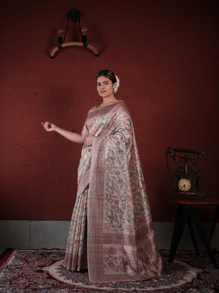 Beige and Brown PV Cotton Khadi Saree with Floral Prints and Unstitched Blouse