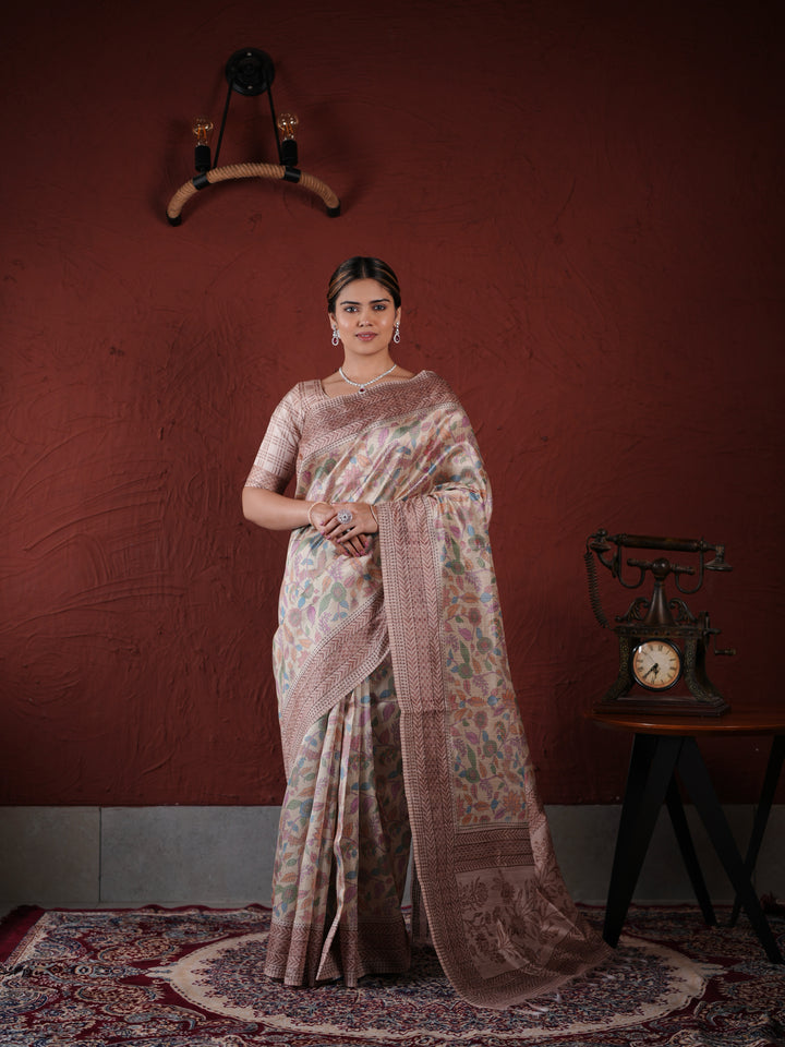 Beige and Brown PV Cotton Khadi Saree with Floral Prints and Unstitched Blouse