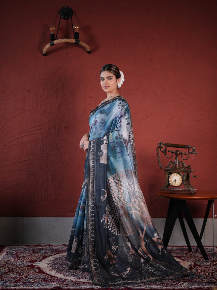 Charcoal Grey PV Cotton Khadi Saree with Warli Art Tribal Print and Unstitched Blouse