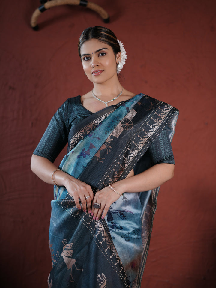 Charcoal Grey PV Cotton Khadi Saree with Warli Art Tribal Print and Unstitched Blouse