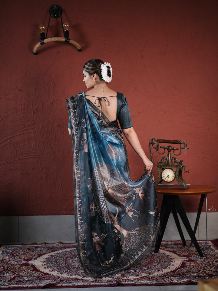 Charcoal Grey PV Cotton Khadi Saree with Warli Art Tribal Print and Unstitched Blouse