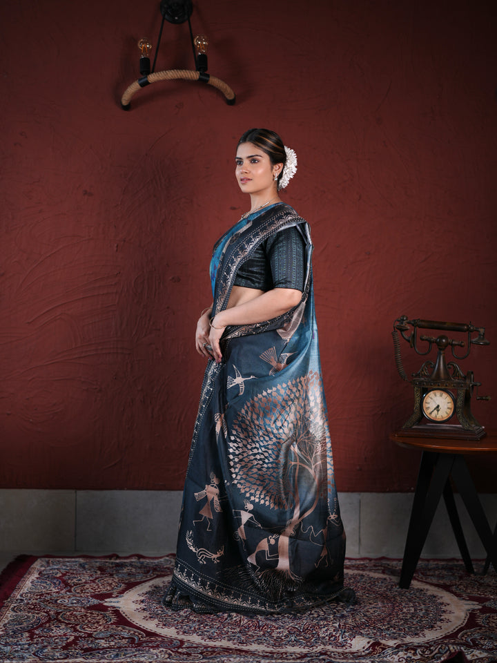 Charcoal Grey PV Cotton Khadi Saree with Warli Art Tribal Print and Unstitched Blouse