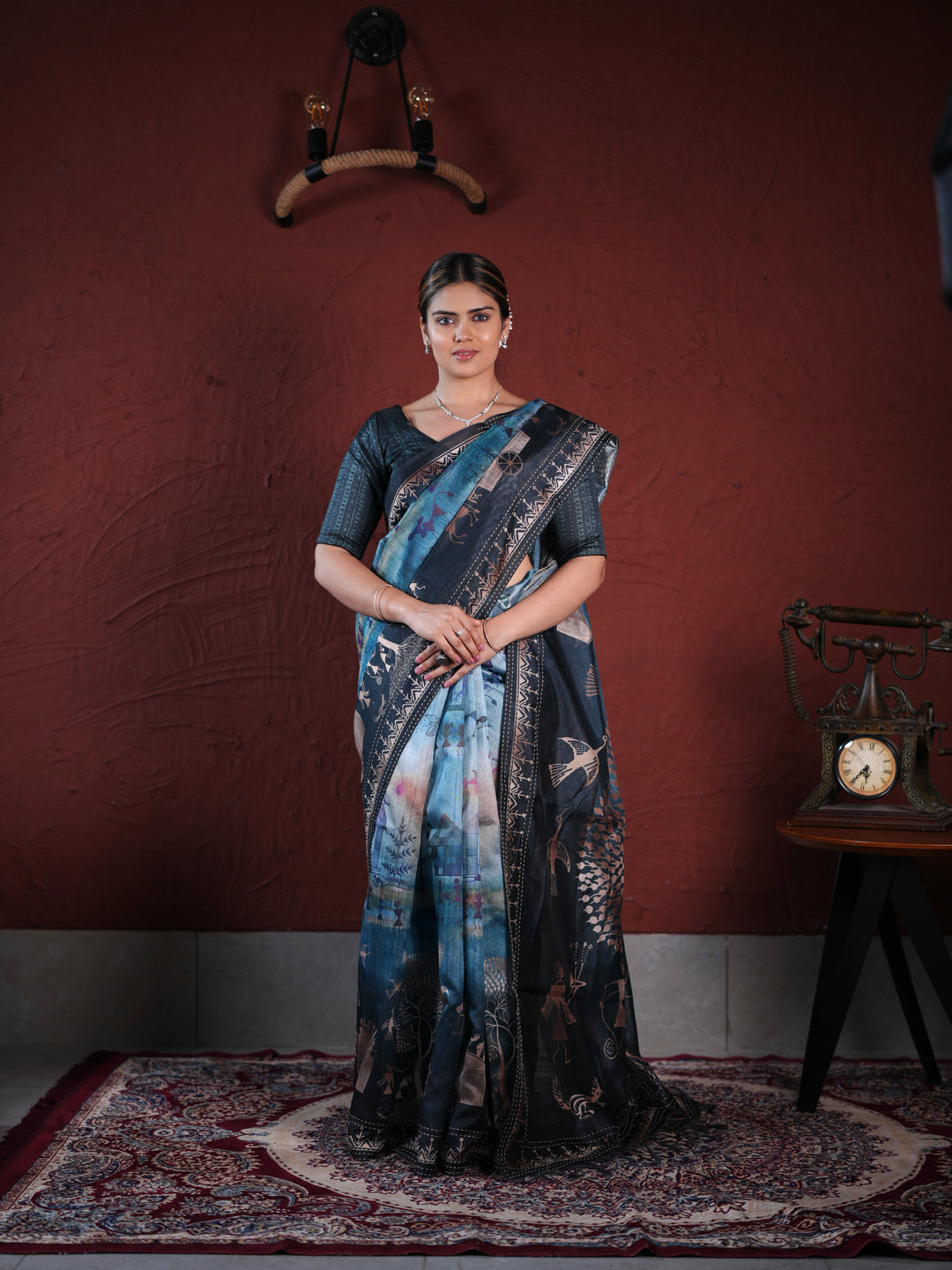 Charcoal Grey PV Cotton Khadi Saree with Warli Art Tribal Print and Unstitched Blouse