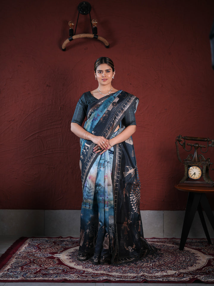 Charcoal Grey PV Cotton Khadi Saree with Warli Art Tribal Print and Unstitched Blouse