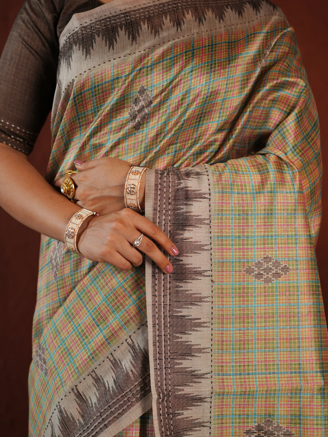 Beige and Brown Checked PV Cotton Khadi Saree with Geometric Woven Patterns and Unstitched Blouse