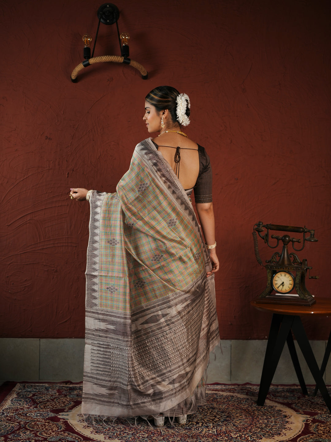 Beige and Brown Checked PV Cotton Khadi Saree with Geometric Woven Patterns and Unstitched Blouse