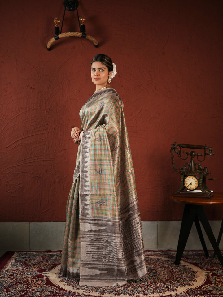 Beige and Brown Checked PV Cotton Khadi Saree with Geometric Woven Patterns and Unstitched Blouse