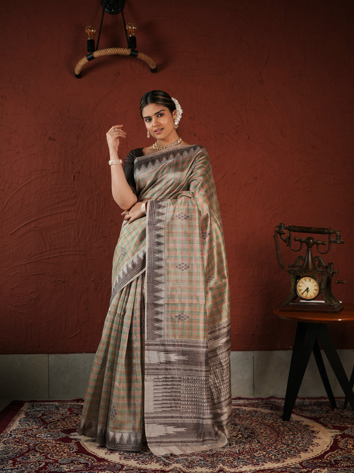 Beige and Brown Checked PV Cotton Khadi Saree with Geometric Woven Patterns and Unstitched Blouse