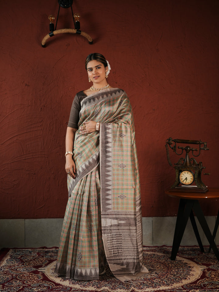 Beige and Brown Checked PV Cotton Khadi Saree with Geometric Woven Patterns and Unstitched Blouse
