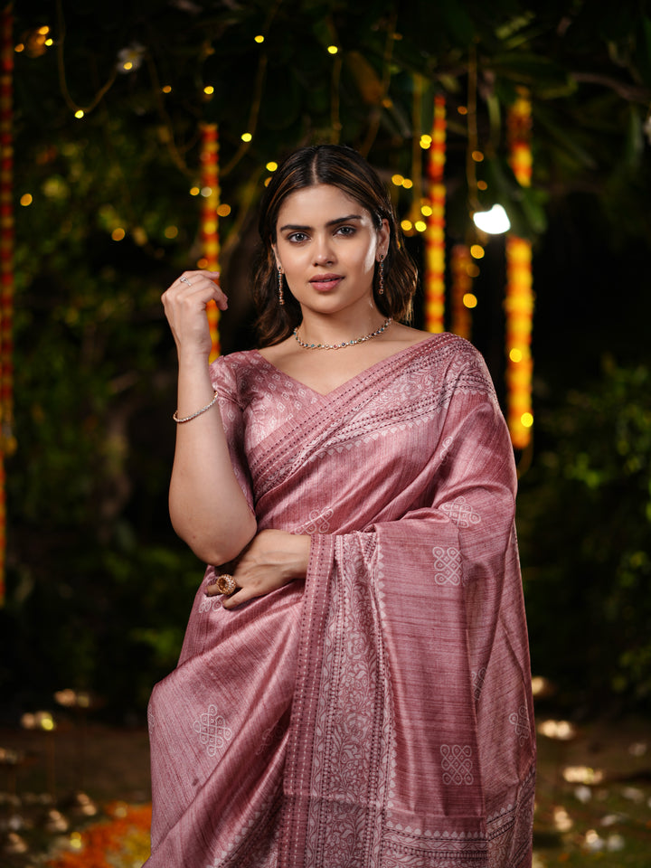 Dusty Rose PV Cotton Khadi Saree with Intricate Woven Motifs and Unstitched Blouse
