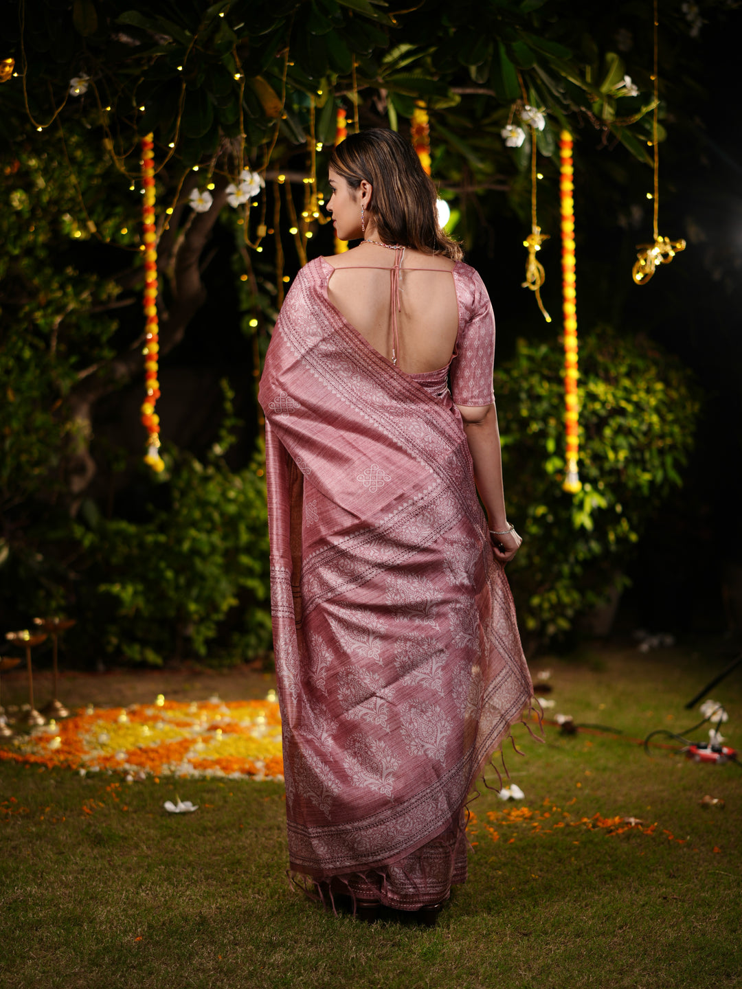 Dusty Rose PV Cotton Khadi Saree with Intricate Woven Motifs and Unstitched Blouse