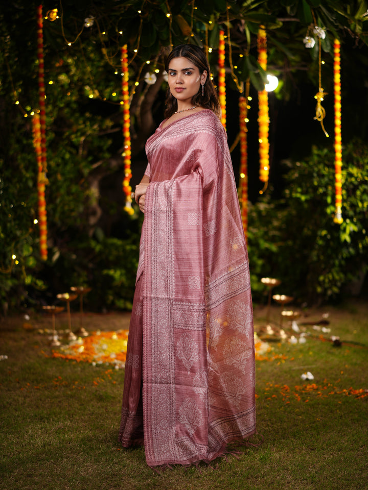 Dusty Rose PV Cotton Khadi Saree with Intricate Woven Motifs and Unstitched Blouse