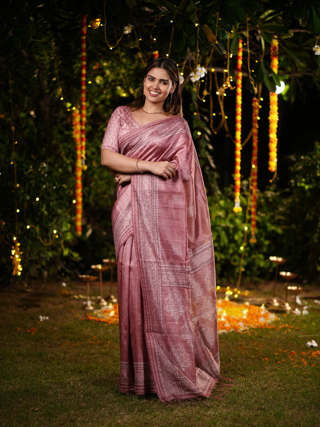 Dusty Rose PV Cotton Khadi Saree with Intricate Woven Motifs and Unstitched Blouse