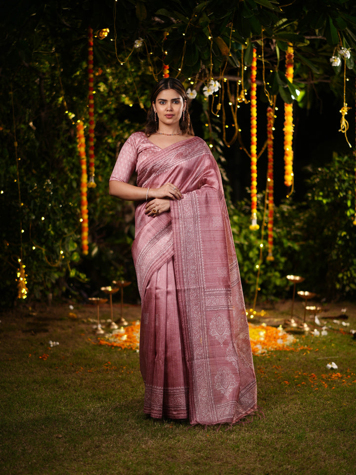 Dusty Rose PV Cotton Khadi Saree with Intricate Woven Motifs and Unstitched Blouse