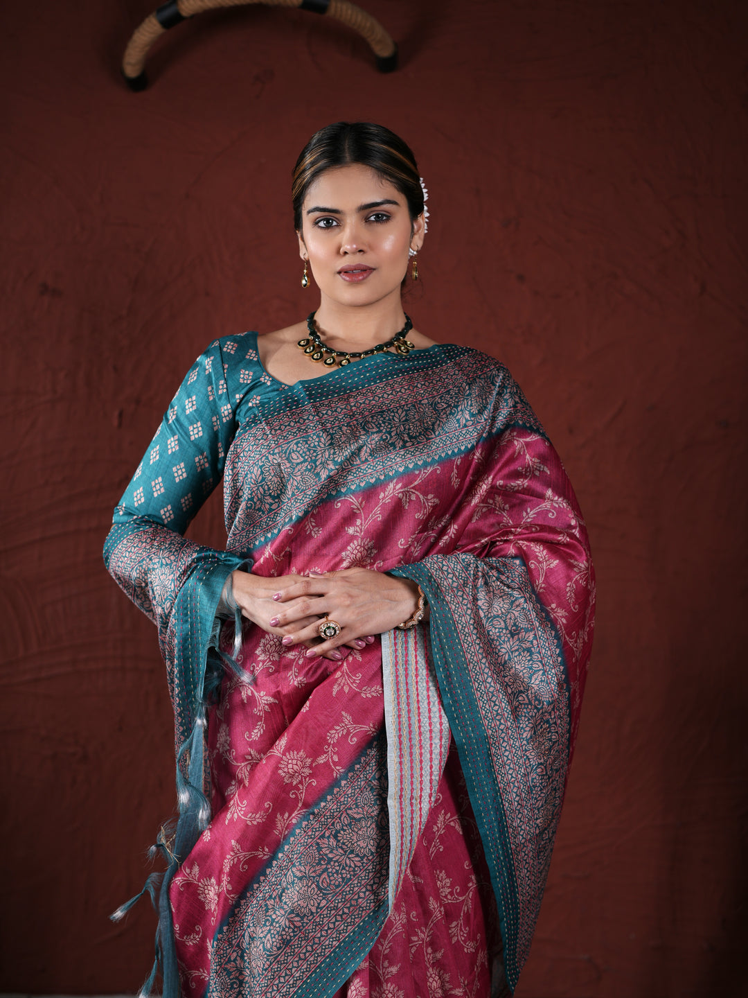 Pink and Teal Khadi and PV Cotton Saree with Traditional Woven Design and Unstitched Blouse
