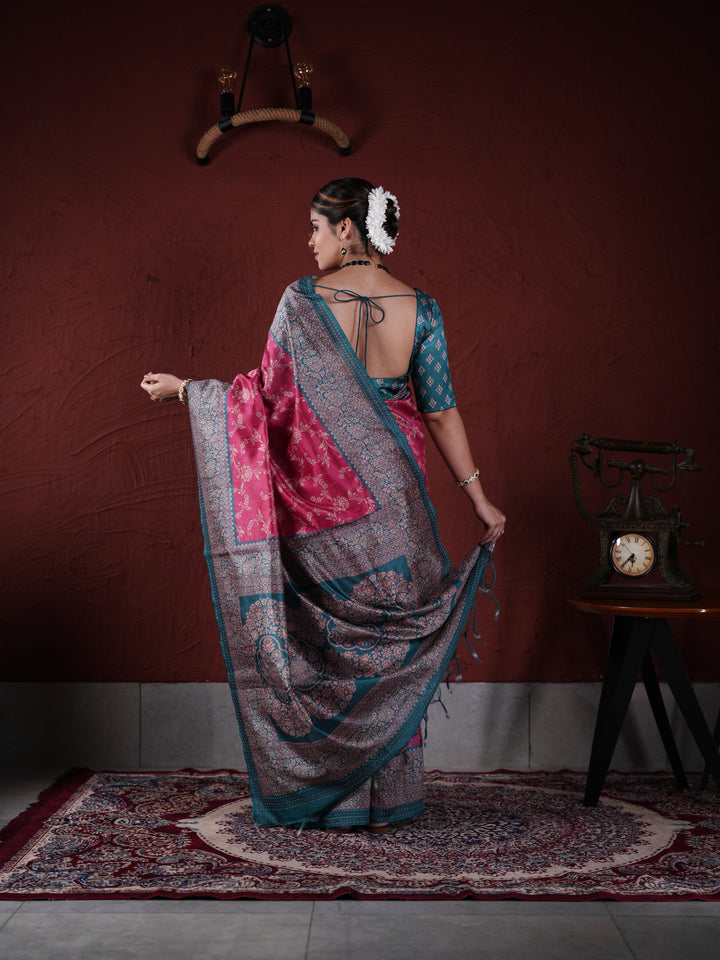 Pink and Teal Khadi and PV Cotton Saree with Traditional Woven Design and Unstitched Blouse