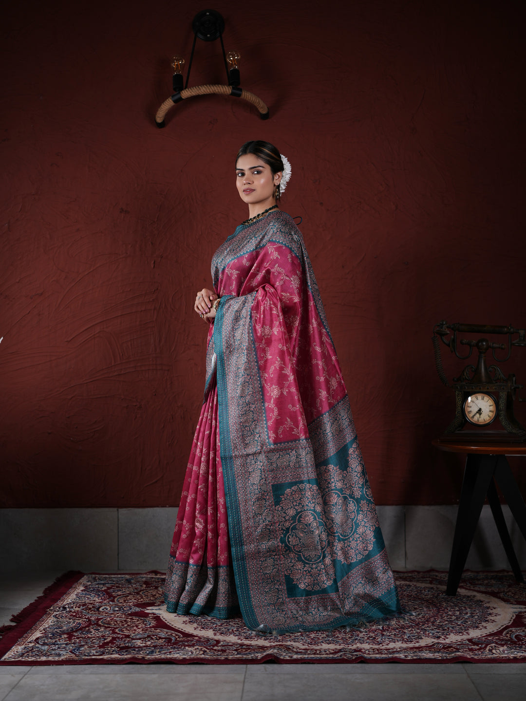 Pink and Teal Khadi and PV Cotton Saree with Traditional Woven Design and Unstitched Blouse