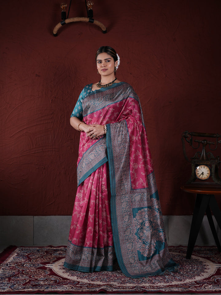 Pink and Teal Khadi and PV Cotton Saree with Traditional Woven Design and Unstitched Blouse