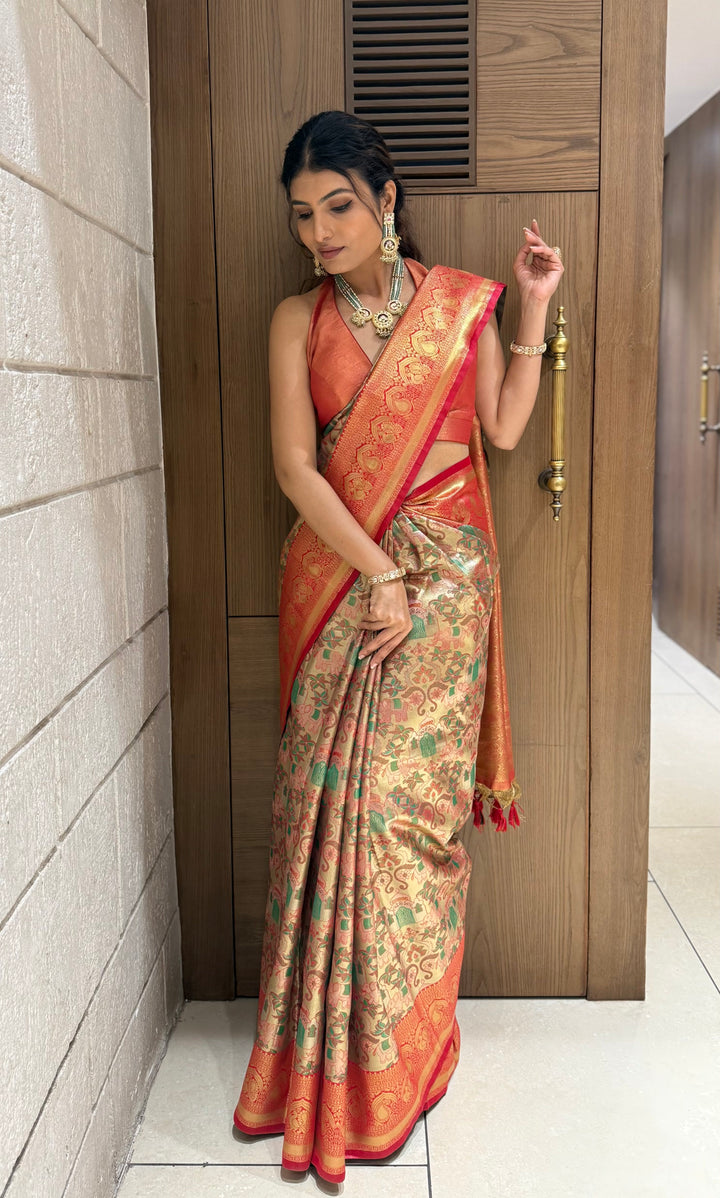 Kanjivaram Banarasi Silk Saree in Coral Orange with Zari Weaving