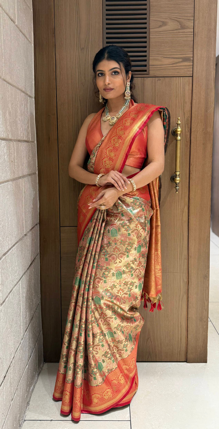Kanjivaram Banarasi Silk Saree in Coral Orange with Zari Weaving