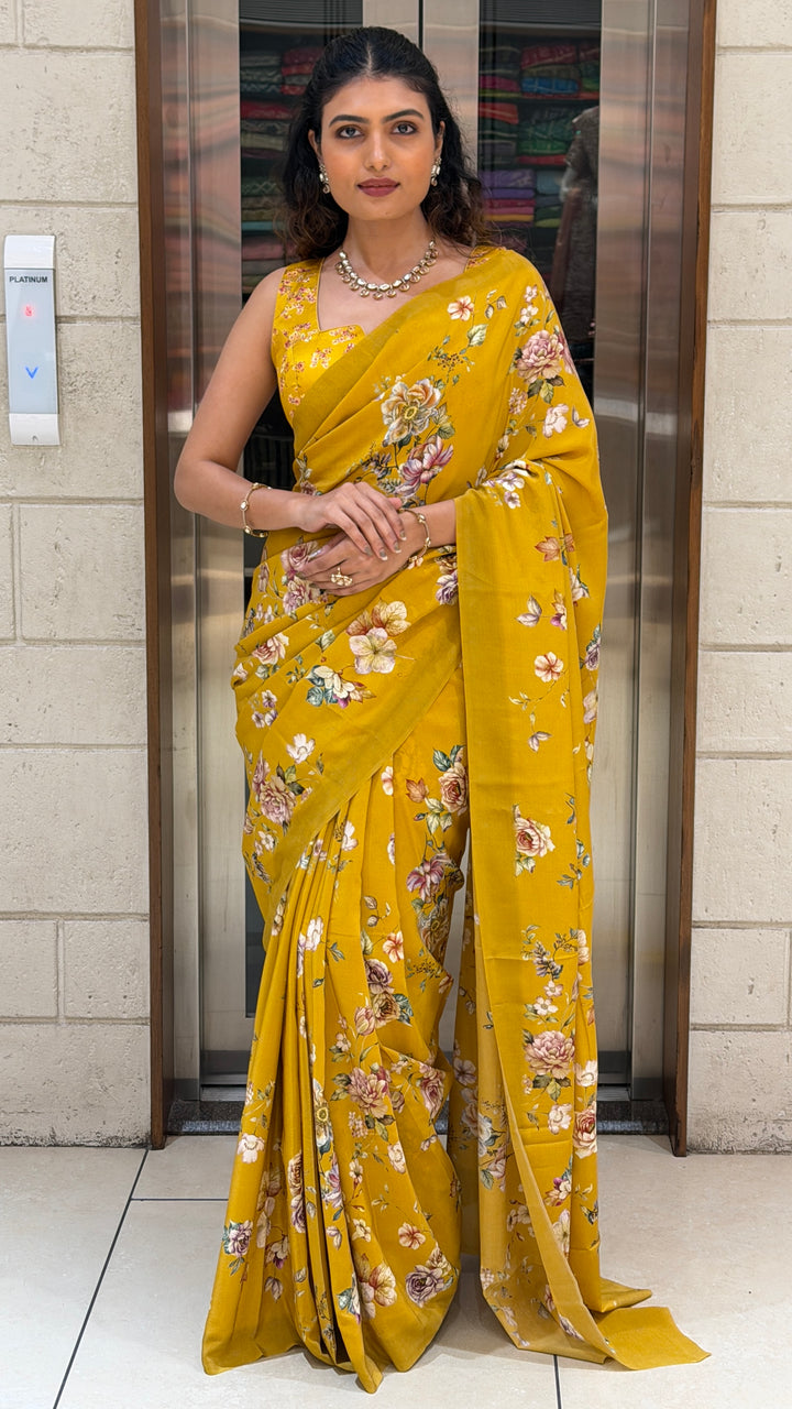 Mustard Yellow Floral Print Saree