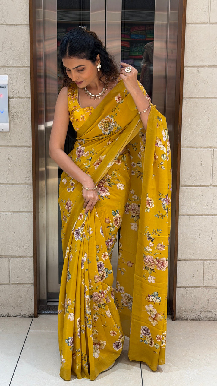 Mustard Yellow Floral Print Saree