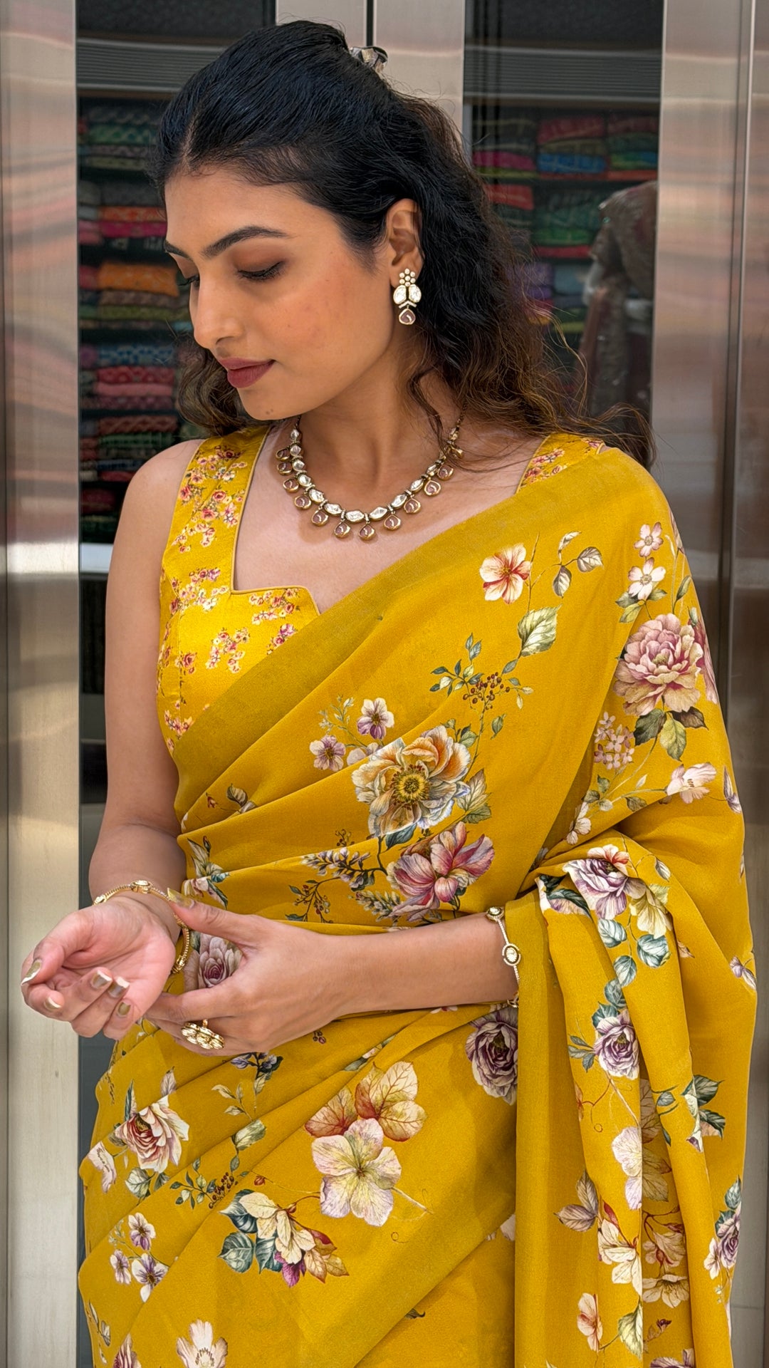 Mustard Yellow Floral Print Saree