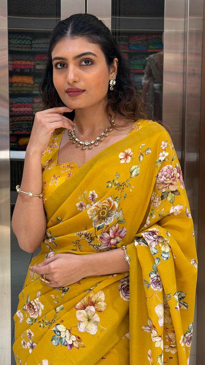 Mustard Yellow Floral Print Saree