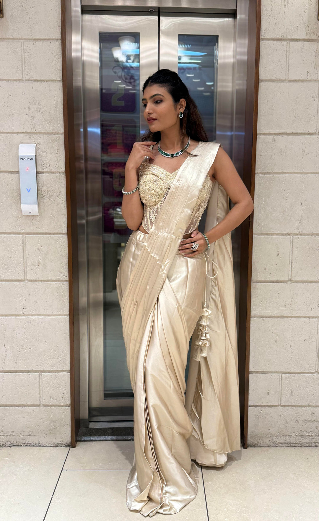 Champagne Gold Ready-to-Wear Draped Saree with Embroidered Corset Blouse