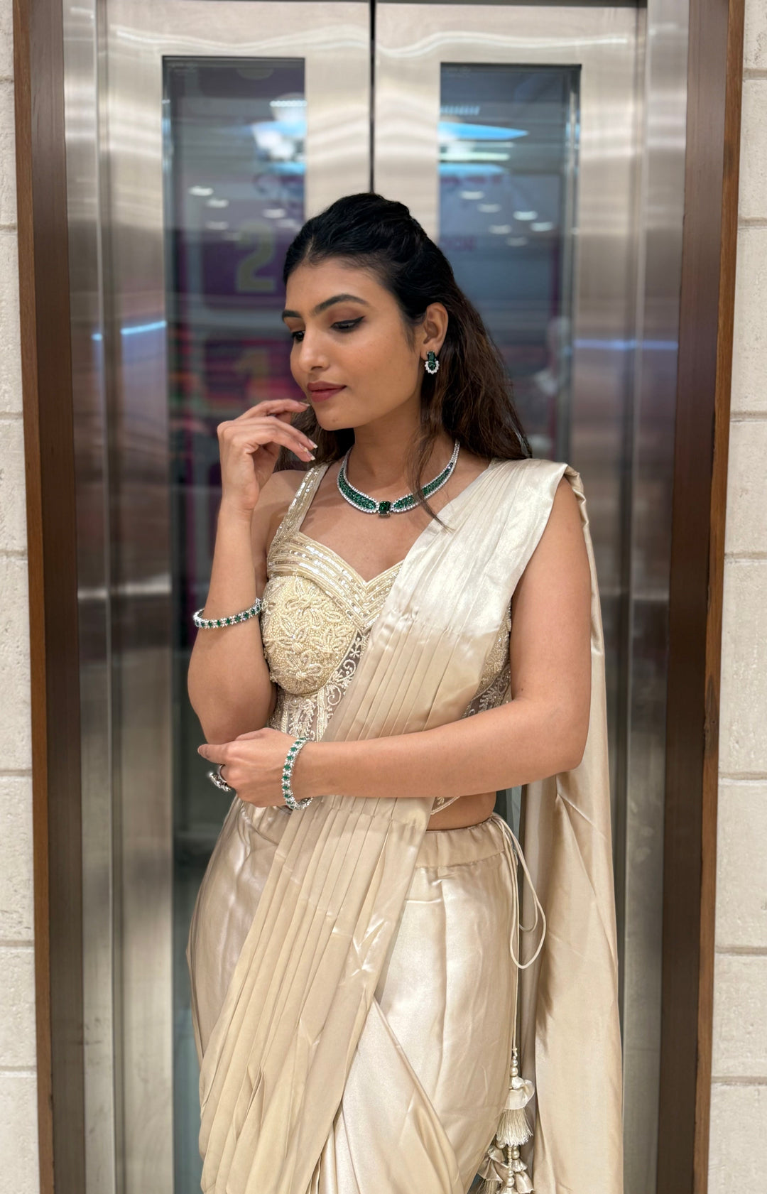 Champagne Gold Ready-to-Wear Draped Saree with Embroidered Corset Blouse