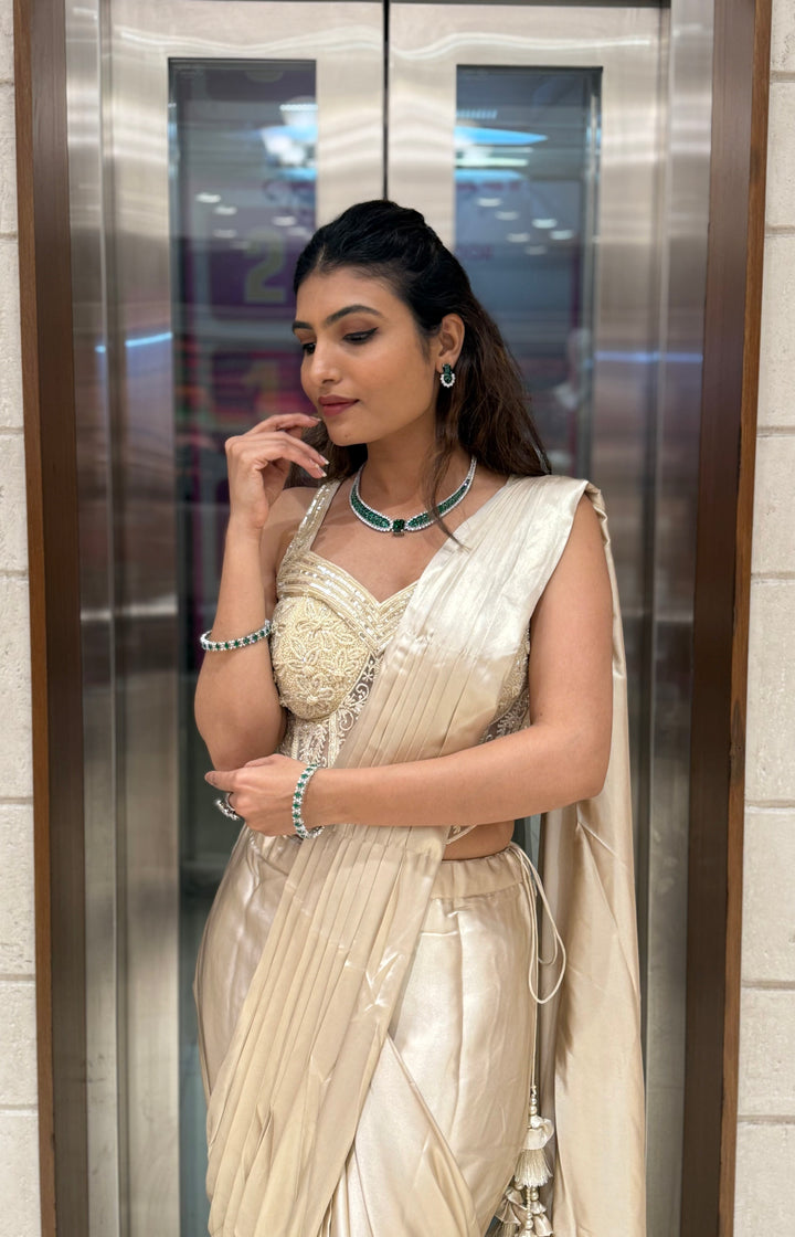 Champagne Gold Ready-to-Wear Draped Saree with Embroidered Corset Blouse