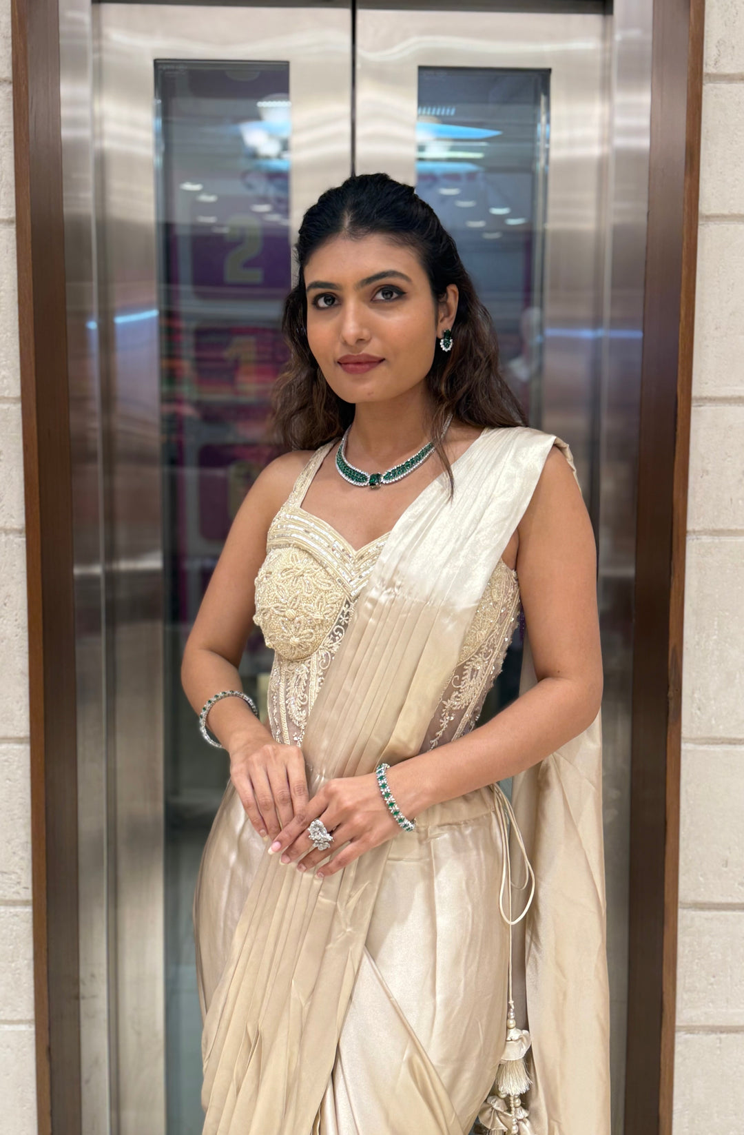 Champagne Gold Ready-to-Wear Draped Saree with Embroidered Corset Blouse