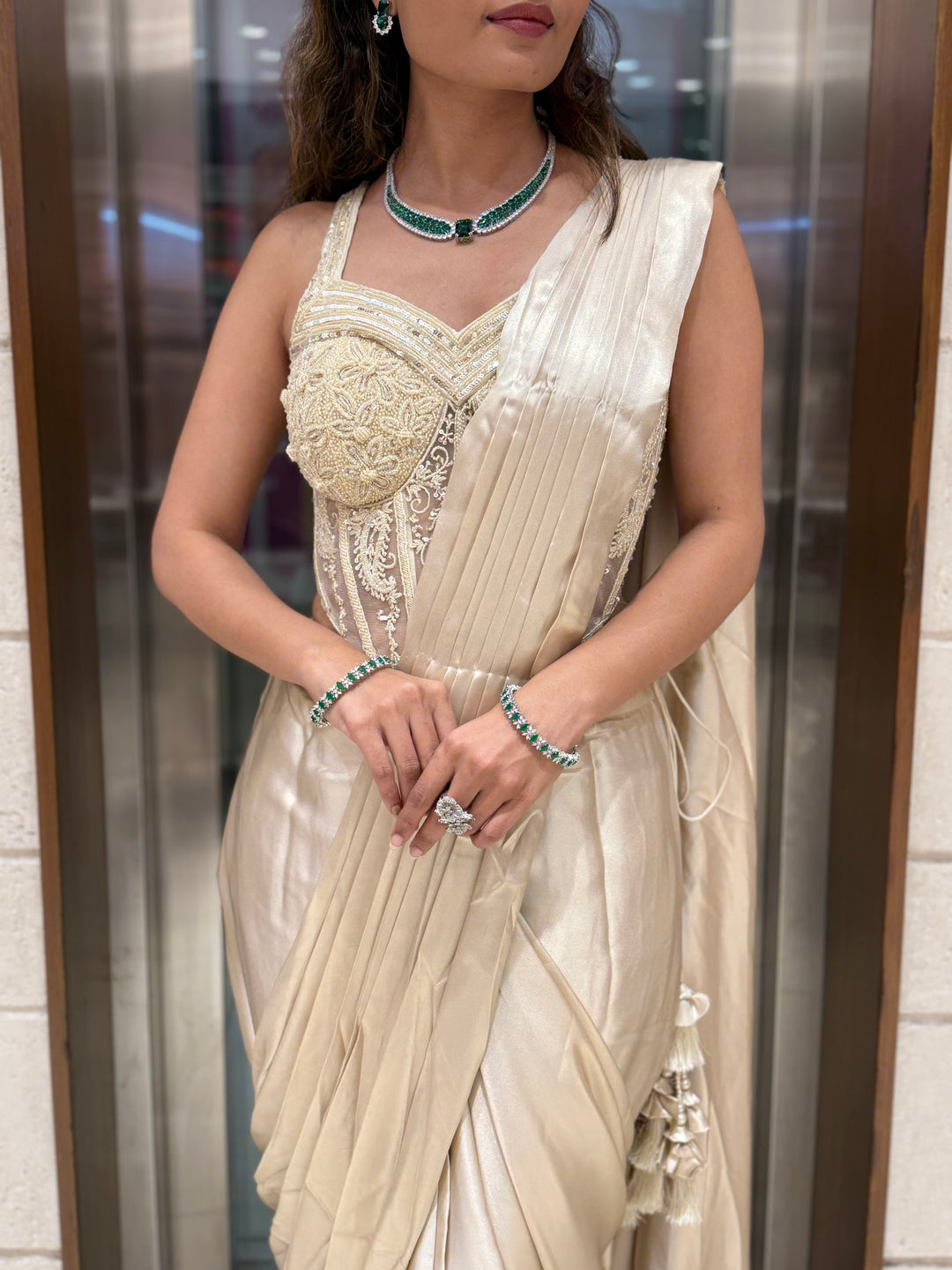 Champagne Gold Ready-to-Wear Draped Saree with Embroidered Corset Blouse