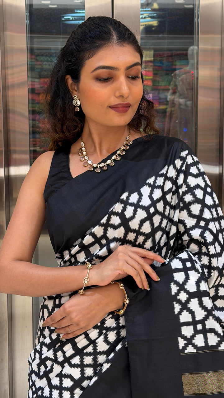 Midnight Black & Ivory Geometric Designer Saree