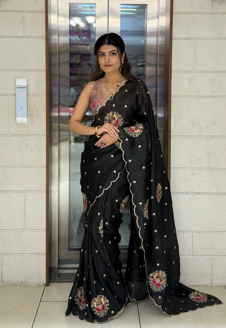 Black Organza Saree with 3D Floral Hand Embroidery & Scalloped Border