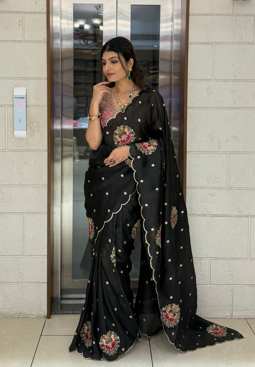 Black Organza Saree with 3D Floral Hand Embroidery & Scalloped Border