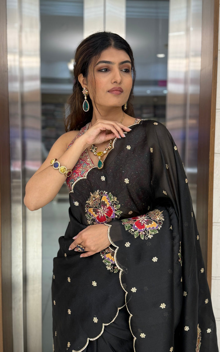 Black Organza Saree with 3D Floral Hand Embroidery & Scalloped Border